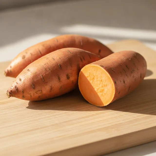 Patates douces entières et une moitié à chair orange vif sur une planche en bois clair