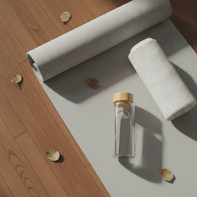 Tapis de sol de fitness déroulé sur un parquet avec une bouteille d'eau et une serviette roulée, prêt pour une séance de respiration au sol