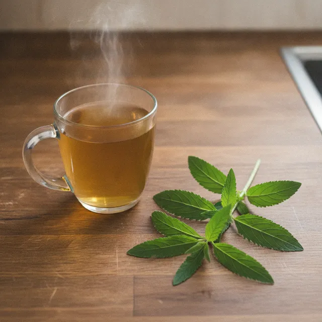 Tasse d'infusion de verveine fumante et feuilles fraiches de verveine citronnelle sur un plan de travail en bois