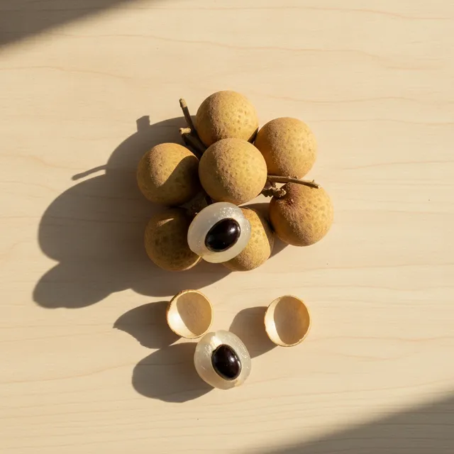 Grappe de longanes à coque beige sur une table en bois, un fruit ouvert montre la chair blanche translucide et le noyau noir brillant