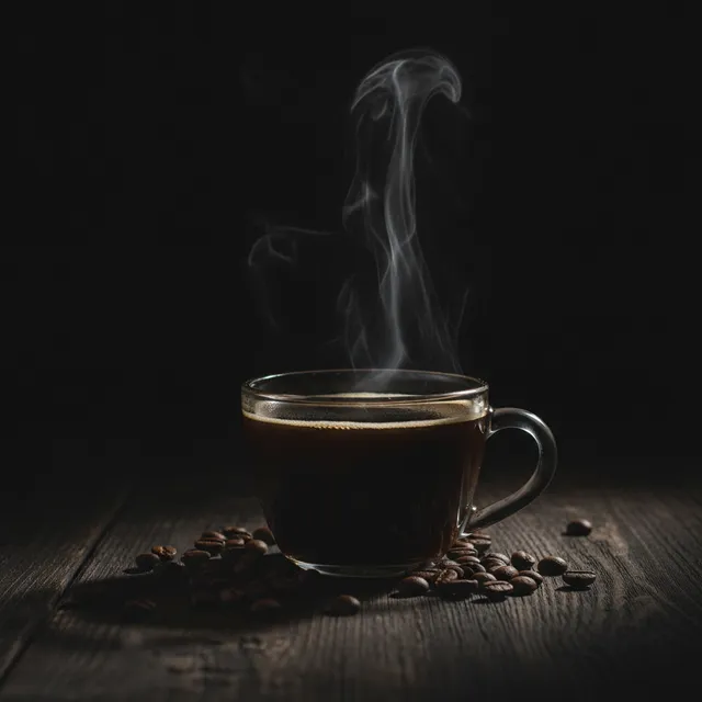 Tasse de café noir fumante sur une table en bois sombre, entourée de grains de café