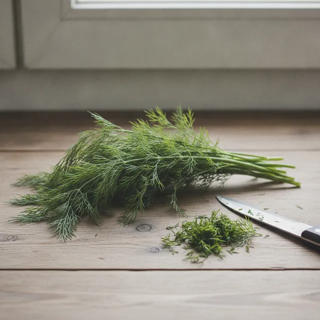 Bouquet d'aneth frais et brins ciselés sur un plan de travail en bois
