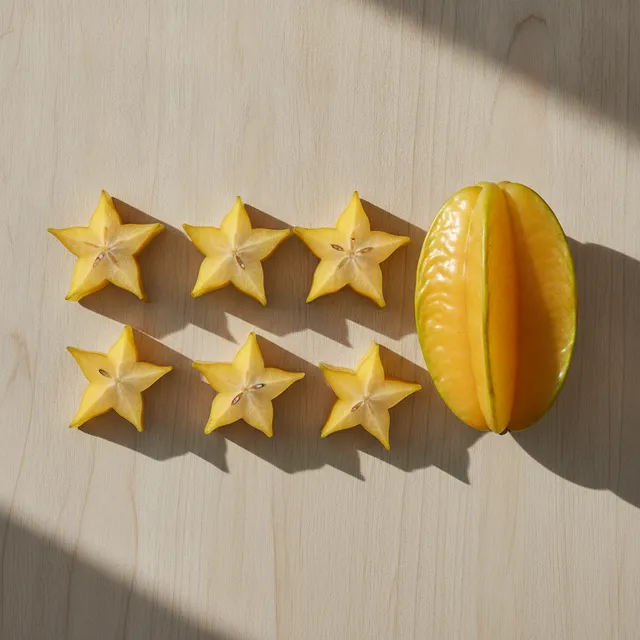 Tranches de carambole en forme d'etoile et fruit entier sur une table en bois