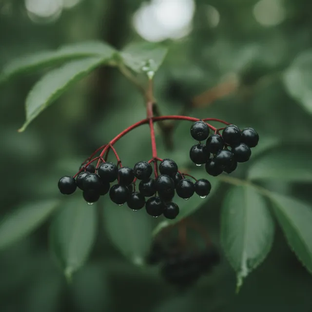 Grappe de baies noires de sureau mûres pendant d'une branche dans une haie