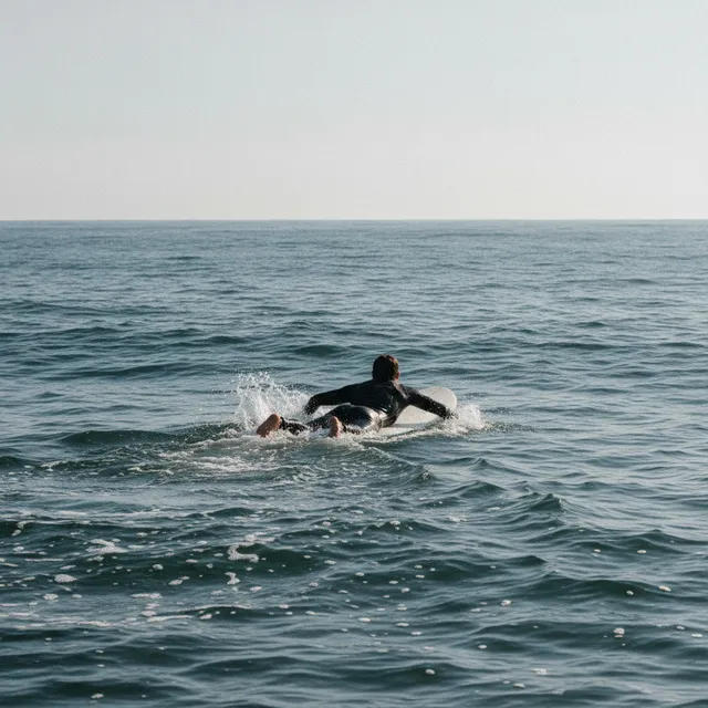 Un surfeur allongé à plat ventre sur sa planche, vu de dos, en train de ramer vers le large