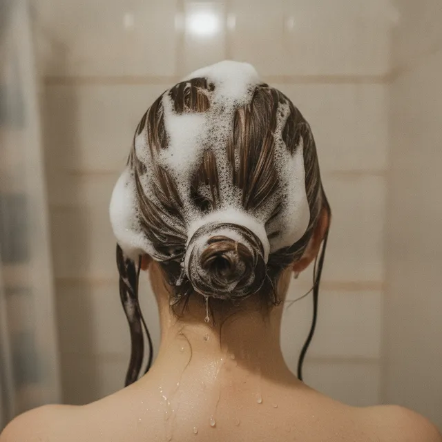Vue de dos d'une tete aux cheveux bruns couverts de mousse de shampoing pendant un lavage