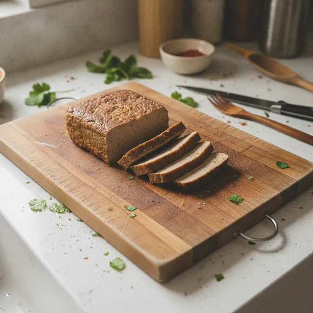 Bloc de seitan cuit en partie tranché sur une planche à découper en bois