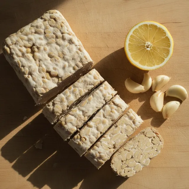 Un bloc de tempeh de soja fermenté coupé en tranches, avec de l'ail et un demi-citron sur une planche en bois