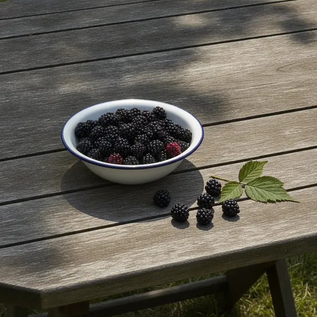 Bol émaillé de mûres fraîches sur une table de jardin en bois, feuille de ronce à côté
