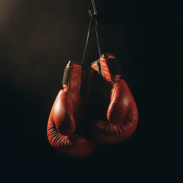 Une paire de gants de boxe rouges suspendus dans une salle de sport à l'éclairage tamisé