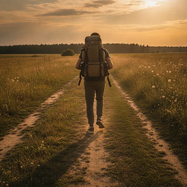 Vue de dos d'une personne marchant sur un chemin de campagne avec un sac à dos lesté au coucher du soleil