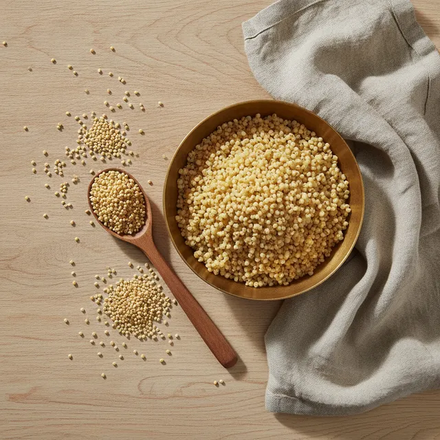 Bol de millet cuit doré, cuillère en bois avec des grains de millet cru et torchon en lin, vue de dessus