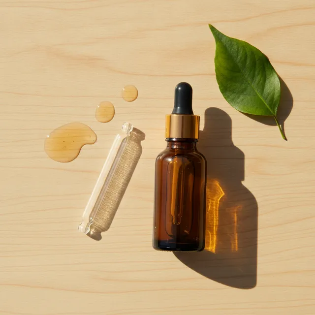 Flacon compte-gouttes de sérum cosmétique ambré posé sur une table en bois clair avec une pipette, des gouttes et une feuille verte