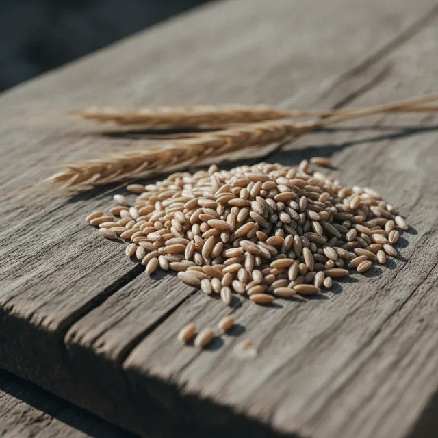 Grains d'épeautre décortiqués et épis posés sur une planche en bois brut