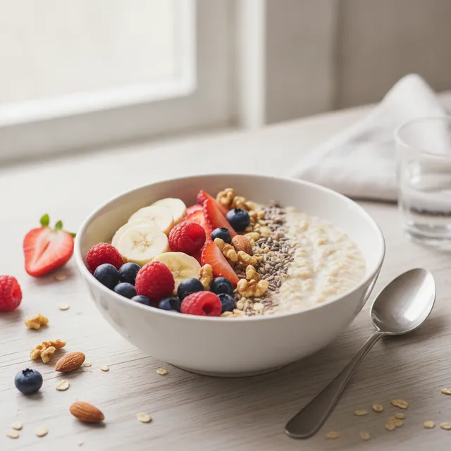 Bol de porridge de flocons d'avoine garni de fruits frais et de noix sur une table claire