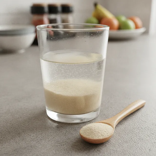 Un verre d'eau où la poudre de psyllium forme un gel, avec une cuillère de téguments à côté