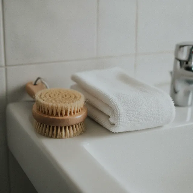 Brosse à sec à poils naturels et manche en bois posée sur le rebord d'un lavabo, à côté d'une serviette blanche