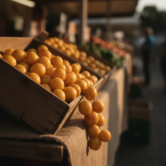 Cageot de mirabelles jaune orangé sur un étal de marché en fin d'été