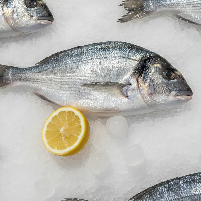 Dorade royale entière fraîche posée sur de la glace avec un demi-citron