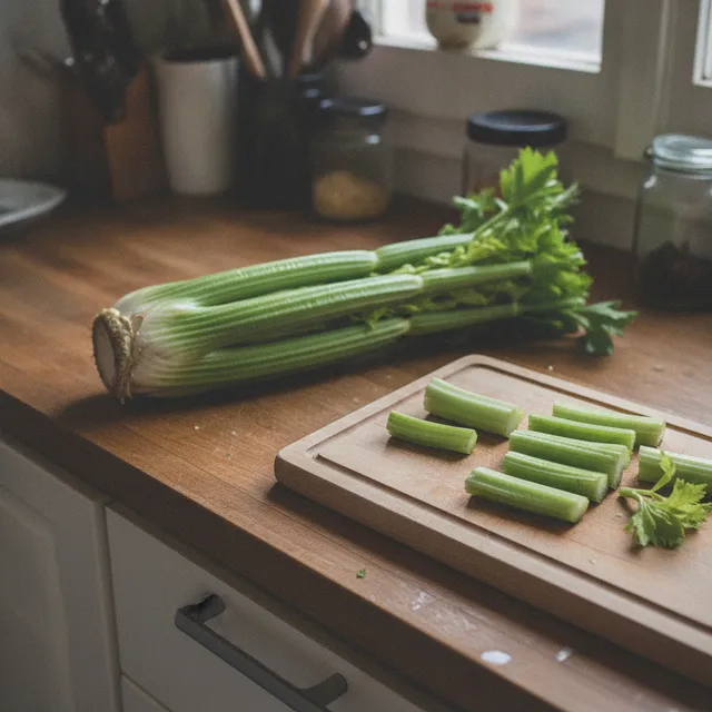 Pied de céleri branche et bâtonnets coupés sur une planche, sur un plan de travail de cuisine en bois