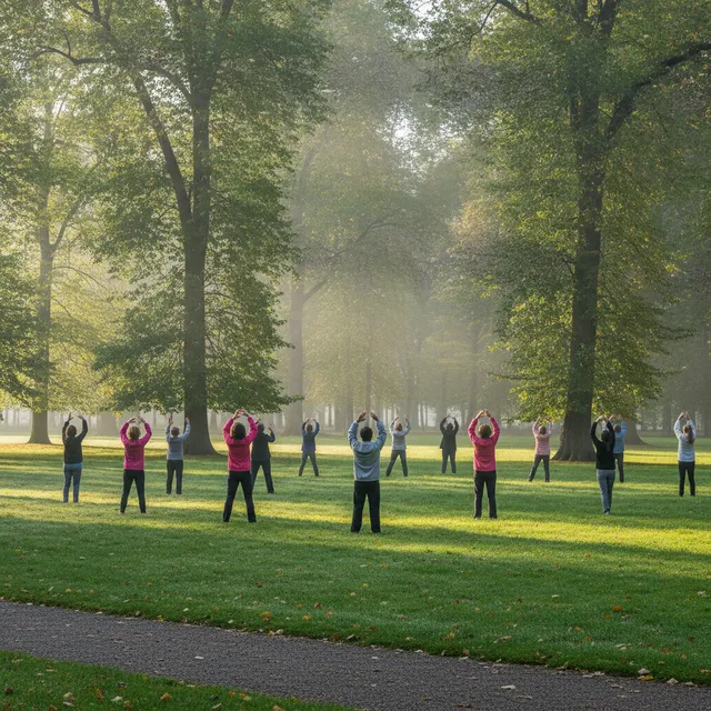Groupe de personnes pratiquant le tai-chi dans un parc au petit matin, vues de dos, bras levés