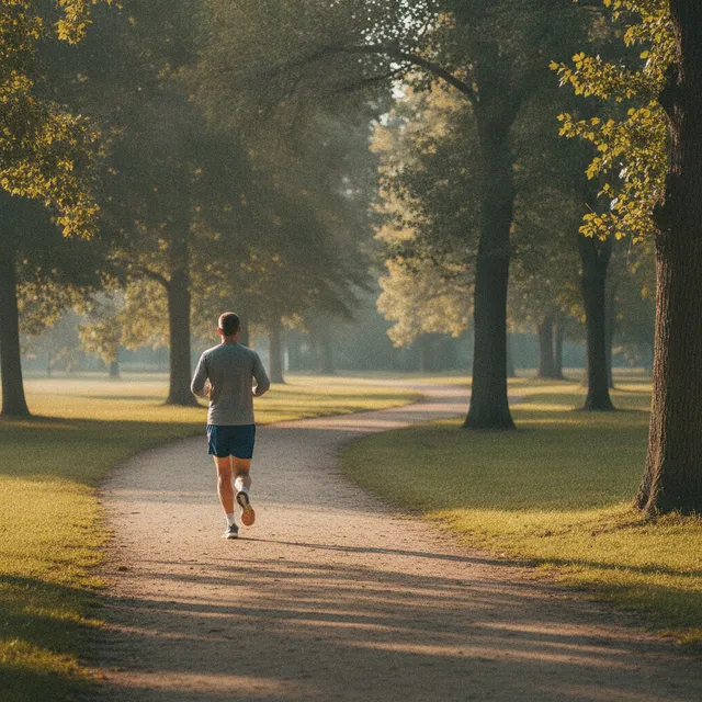 Un coureur de dos trottine tranquillement sur un chemin de parc dans la lumière du matin
