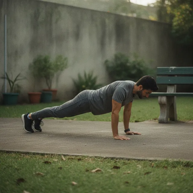 Une personne en position de planche au sol lors d'un burpee, en plein air sur une terrasse