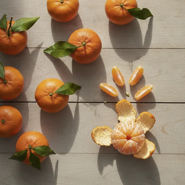 Mandarines et clémentines mêlées sur une table en bois, l'une épluchée en quartiers avec quelques pépins