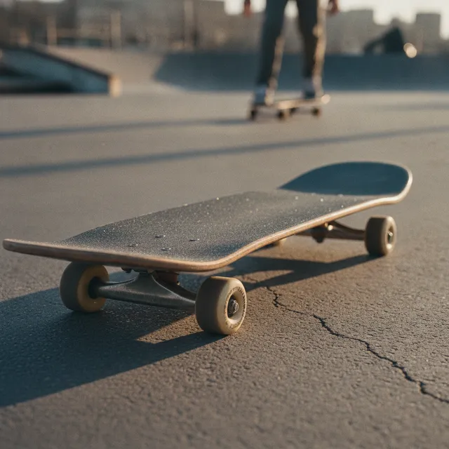 Un skateboard posé sur le bitume d'un skatepark, une personne roule en arrière-plan au soleil de fin de journée