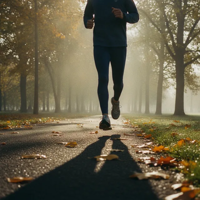 Coureur trottant tranquillement sur un chemin de parc en automne, cadrage au ras du sol