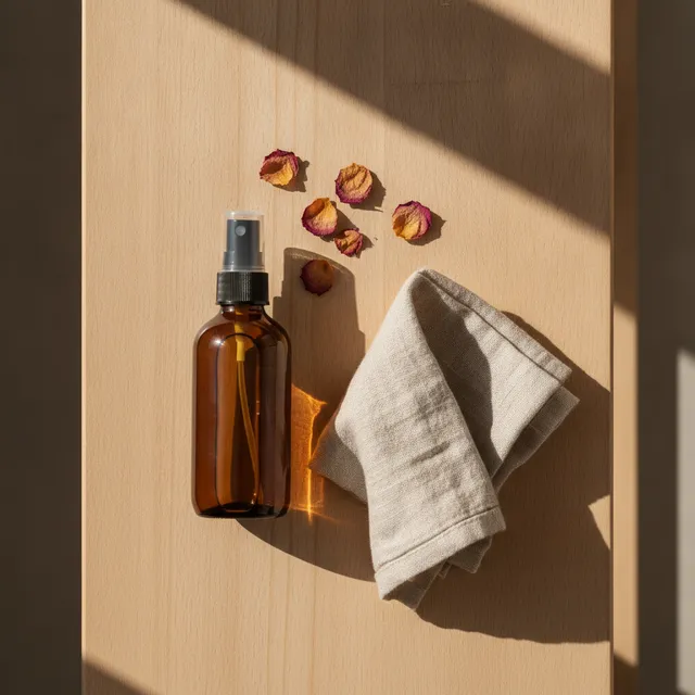 Flacon spray en verre ambré d'eau florale posé sur une étagère en bois avec des pétales de rose séchés et une serviette en lin
