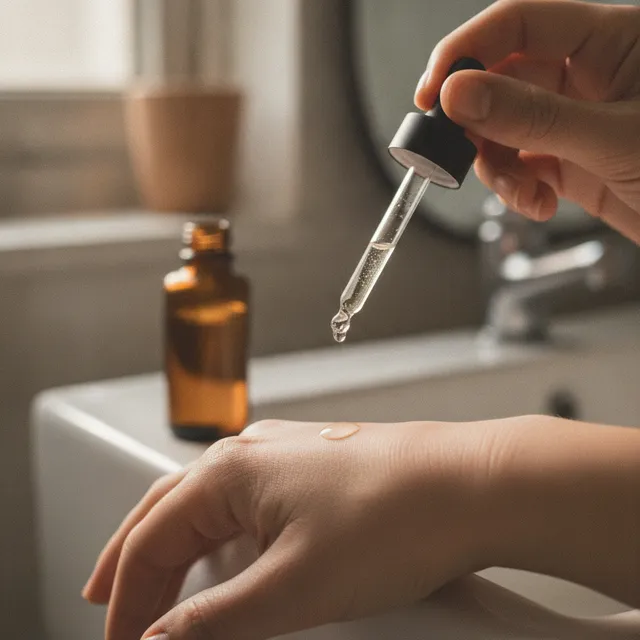 Une main dépose une goutte de sérum à la pipette au-dessus du dos de la main, flacon en verre ambré sur un lavabo de salle de bain
