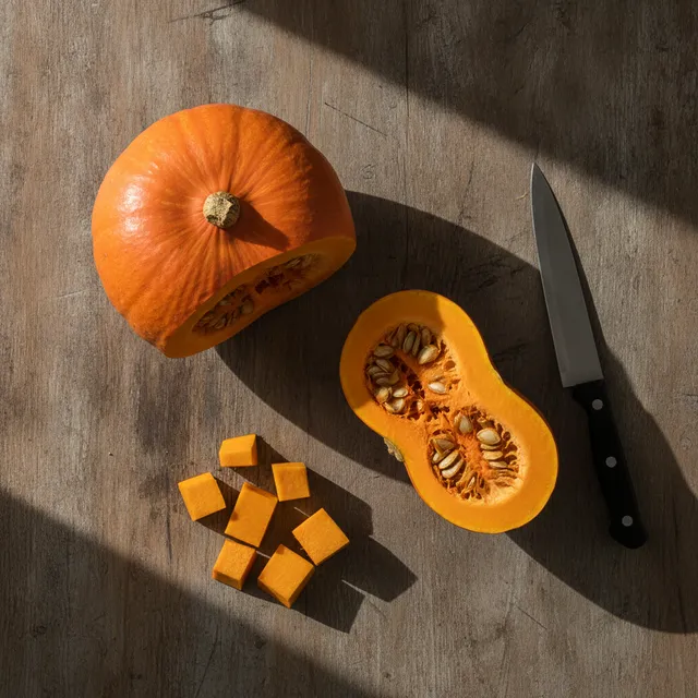 Un potimarron entier, un demi potimarron coupé montrant sa chair orange et ses graines, et des cubes, sur une table en bois