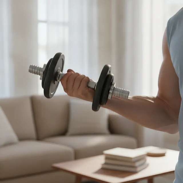 Un avant-bras abaisse lentement un haltère lors d'une flexion de bras dans un salon