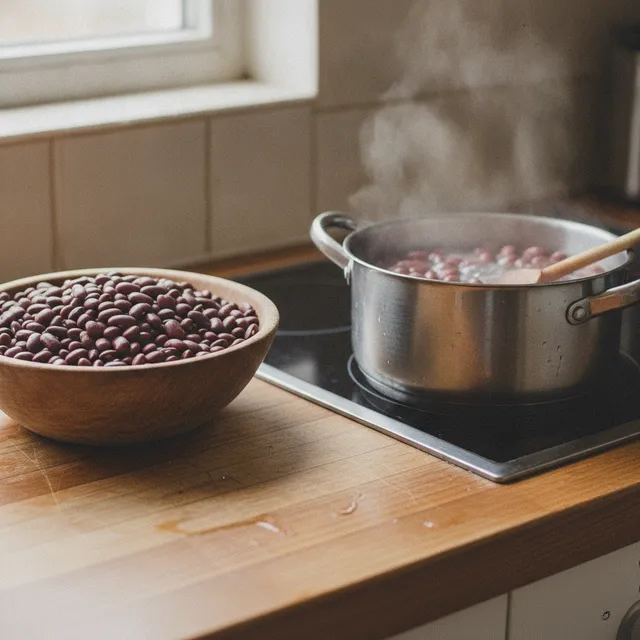 Bol de haricots rouges secs a cote d'une casserole de haricots rouges en train de cuire