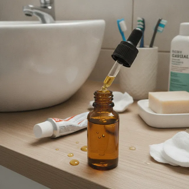 Flacon en verre ambré d'huile de jojoba avec compte-gouttes sur une tablette de salle de bain