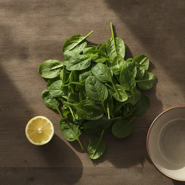 Feuilles d'épinards frais avec un demi-citron sur une table en bois, vue de dessus