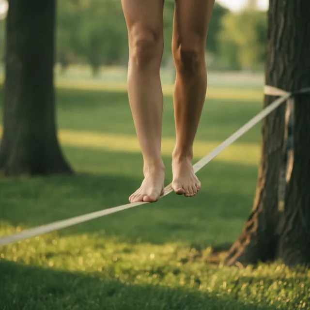 Pieds nus en équilibre sur une slackline tendue entre deux arbres dans un parc