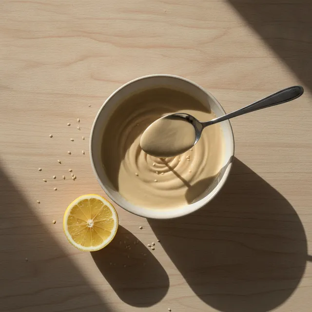 Bol de tahini crémeux avec une cuillère, graines de sésame et un demi-citron sur une table en bois