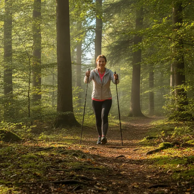 Personne pratiquant la marche nordique avec deux bâtons sur un sentier en forêt
