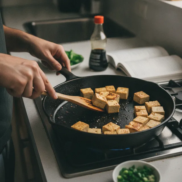 Cubes de tofu ferme en train de dorer dans une poêle en fonte, retournés à la spatule en bois