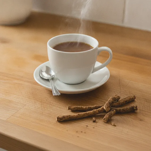 Mug fumant de chicoree et racines torrefiees sur un plan de travail en bois