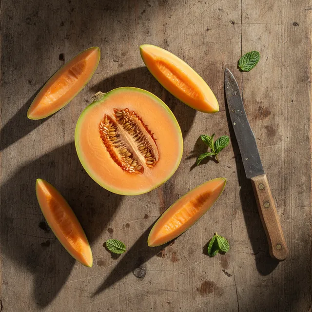 Melon charentais coupé en deux avec des tranches sur une table en bois, vu de dessus