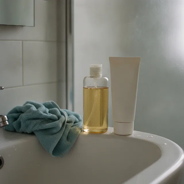 Un flacon d'huile démaquillante et un tube de gel nettoyant posés sur le rebord d'un lavabo