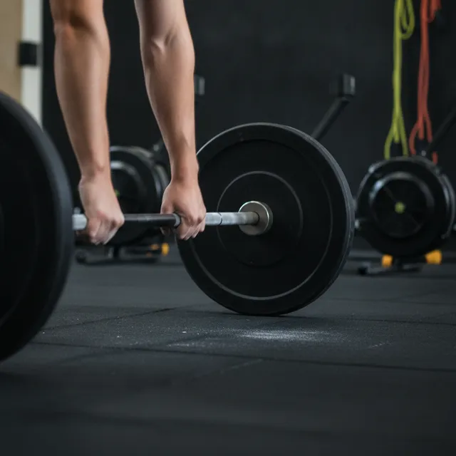 Gros plan sur des mains chaulées agrippant une barre d'haltérophilie chargée dans une salle de CrossFit