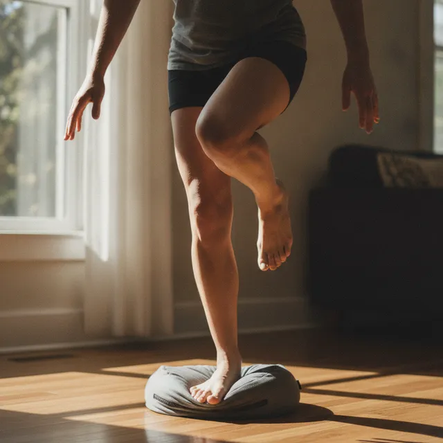Personne en équilibre sur un pied nu posé sur un coussin de proprioception dans un salon