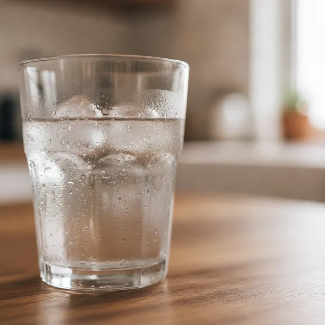 Un verre d'eau fraîche avec des glaçons posé sur une table de cuisine en bois