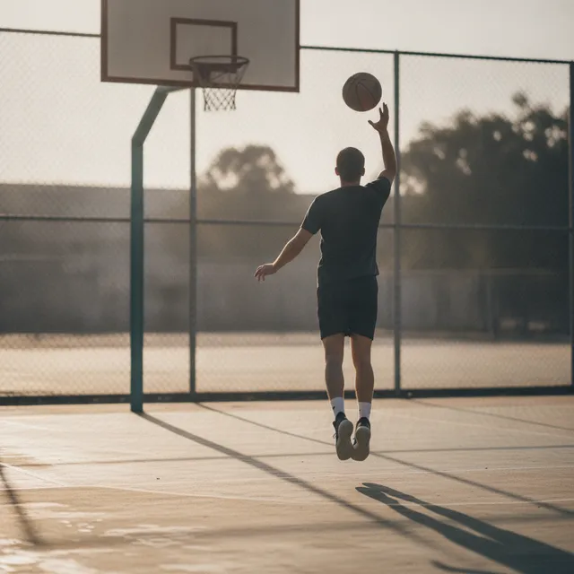 Un joueur amateur saute pour tirer au panier sur un terrain de basket extérieur en fin d'après-midi