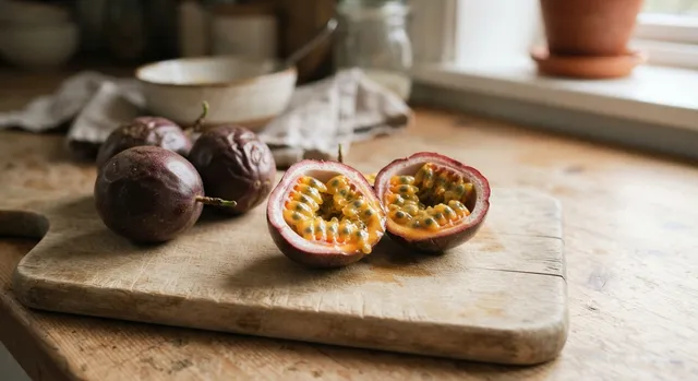 Fruits de la passion dont un coupe en deux montrant la pulpe orangee et les pepins noirs, sur une planche en bois