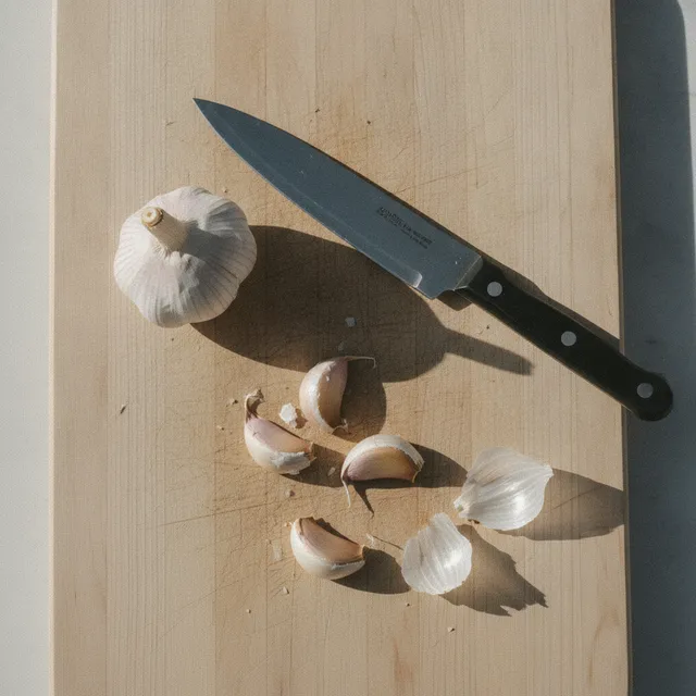 Une tête d'ail et plusieurs gousses, dont certaines écrasées, à côté d'un couteau sur une planche à découper en bois